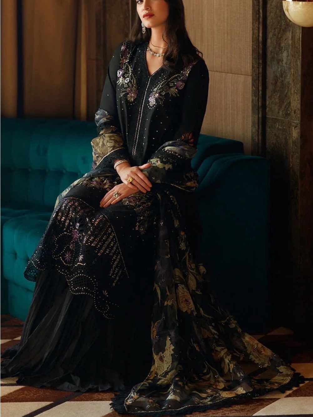 Embroidered Black Floral Evening Kurta Set